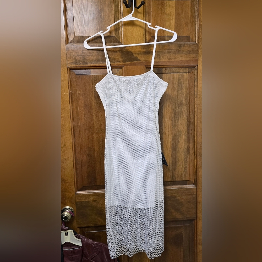 Lulu's White Double Layer Silver Sequin/Mesh Type Midi Dress W/ Spaghetti Straps